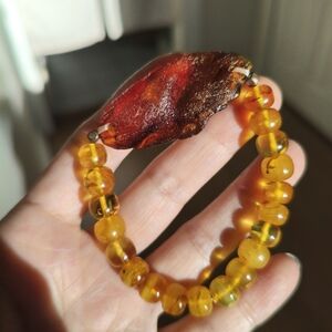 108 Real Amber Bead Bracelet with Raw Cognac Amber Accent - Women Jewelry